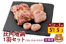 【定期便5ヶ月】比内地鶏 1羽セット(もも・むね・ささみ) 約5kg(不定貫約1kg×5袋) 5キロ 国産 冷凍 正肉 鶏肉 鳥肉