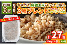 【定期便3回】やまがた雑穀玄米パックごはん 150g×9個 (つや姫・スーパー大麦・もち麦 3種ブレンド)  ラベルレス 訳あり 山形 パックライス 備蓄 保存 パックライス FY25-174