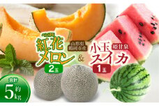 【令和7年産先行予約】 紅花メロン(赤肉) 2玉 と 小玉スイカ(姫甘泉) 1玉セット（合計約5kg） 山形県鶴岡市産 庄内砂丘メロン　小林ファーム