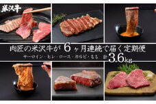 【定期便6ヶ月】合計約3.6kg！肉匠の米沢牛が6ヶ月連続で届く！サーロイン、ヒレ、ロース、カルビ、もも肉をステーキや焼肉、すき焼き、しゃぶしゃぶで食べ尽くす定期便_B094