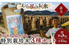 【令和7年産 新米 先行予約】 【わら屋のお米】 特別栽培米3種セット 「はえぬき･ひとめぼれ･つや姫」 各5kg (計15kg) 《令和7年10月下旬～発送》 『おがわ藁農園』 米 白米 精米 ご飯 農家直送 セット 食べ比べ 山形県 南陽市  [2170-R7]