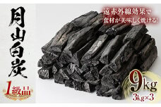 FYN9-549 月山白炭3kg×3袋 (1級品) 木炭 炭火 高火力 遠赤外線 かまど 窯 燃料 キャンプ BBQ 七輪 囲炉裏 焚火 山形県 西川町