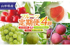 FYN9-952《先行予約》【定期便】 2024年 山形県産フルーツ定期便A 4回 （紅秀峰 あかつき シャインマスカット サンふじりんご&ラ・フランス） 2024年6月下旬から順次発送 さくらんぼ 桃 白桃 ぶどう 葡萄 りんご リンゴ 林檎 ラフランス 西洋梨 果物 フルーツ 食べ比べ ギフト 贈答 化粧箱 数量限定 期間限定 産地直送 山形県 西川町 月山