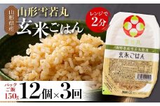 FYN9-979 【定期便3回】山形県産 雪若丸 玄米ごはん パックご飯 12個セット×3回 玄米 パックライス パック ごはん ライス こめ 米 ゆきわかまる ブランド米 簡単 手軽 時短 保存食 備蓄 山形県 西川町 月山