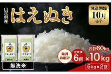 FYN2-002 【6回定期便・10月後半発送】令和7年産 新米 山形県産 はえぬき 10kg 2025年 お米 米 米米 ごはん ご飯 白米 国産 ブランド米 節水 時短 冷めてもおいしい贈答 ギフト 家庭用 自宅用 お取り寄せ 食品 山形県 西川町 月山 