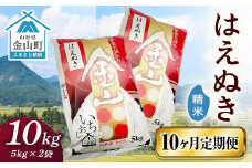 令和6年産 金山産米 はえぬき 【精米】（5kg×2袋）×10ヶ月  計100kg 定期便 米 お米 白米 ご飯 ブランド米 送料無料 東北 山形 金山町 F4B-0539
