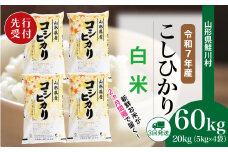 ＜令和7年産米先行受付＞ 鮭川村 コシヒカリ 【白米】 定期便 60kg （20kg×２ヶ月間隔で3回お届け）＜配送時期選べます＞