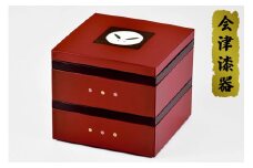 朱 5.0皿付二段重 福丸うさぎ (箸 2膳付き・手描) ｜会津若松 漆器 特産品 [0483]