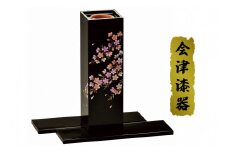 角型花生 黒 桜花 台付き｜会津若松 漆器 特産品 [0503]