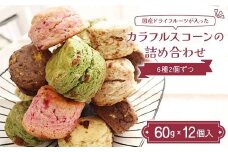 国産ドライフルーツが入ったカラフルスコーンの詰め合わせ 12個入り（6種2個ずつ） ココア 抹茶 いちご フルーツ 紅茶 胡麻 塩キャラメル ピーチ 焼き菓子 F7X-0512