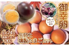 平飼い卵 とれたて発送「御幸卵」の生卵と燻製たまごセット（生卵24玉、燻製たまご20玉入り） 伊達市 福島県 国産 養鶏場直送 卵 たまご 玉子 生卵 鶏卵 燻製たまご  F20C-759