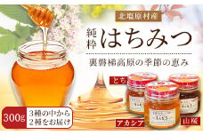 純粋はちみつ300g(2種) 【 ふるさと納税 人気 おすすめ ランキング 北塩原村産 はちみつ 裏磐梯高原 季節の恵み とち アカシア 山桜 養蜂 天然 ピュア ハニー スイーツ 花の蜜 国産 セット 種類おまかせ おいしい 甘い 福島県 北塩原村 送料無料 】 KBJ004