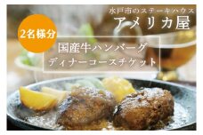 アメリカ屋　国産牛ハンバーグディナーコースチケット　2名様分【ハンバーグ ワイルドビーフ ミディアムハンバーグ 国産 ディナー ディナーチケット コース コース料理 とろける 食事券 平日 茨城県 水戸市】（BV-11）
