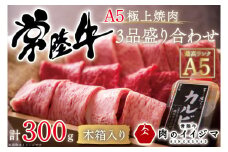 お中元 肉 常陸牛A5 極上焼肉3品盛り合わせ 計300g＜木箱入り・特製タレ付き＞ 黒毛和牛 内祝い お祝い プレゼント 誕生日 食べ物 ギフト対応 茨城県 水戸市【肉のイイジマ】（DU-32）