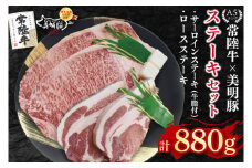 【常陸牛 A5ランク・美明豚ステーキセット】常陸牛サーロインステーキ600g（300g×２枚）＋美明豚ロースステーキ280g（140g×２枚） 冷凍 国産牛 和牛 牛肉 豚肉　ブランド豚 茨城県 水戸市 食べ比べ セット商品 国産 35000円以内 老舗精肉店 EK-20
