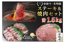 【常陸牛 A5ランク・美明豚ステーキ焼肉セット】常陸牛サーロイン900g（300g×３枚）＋美明豚600g（ロース300g・ばら300g） 冷凍 国産牛 和牛 牛肉 豚肉　ブランド豚 茨城県 水戸市 食べ比べ セット商品 国産 BBQ  老舗精肉店 EK-36
