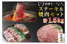 【常陸牛 A5ランク・ローズポークステーキ焼肉セット】常陸牛サーロイン900g（300g×３枚）＋ローズポーク600g（ロース300g・ばら300g） 冷凍 国産牛 和牛 牛肉 豚肉　ブランド豚 茨城県 水戸市 食べ比べ セット商品 国産 BBQ  老舗精肉店 EK-61
