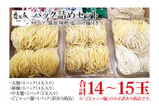 【パック詰めセット】太麺４玉入り×１パック、細麺４玉入り×１パック、中太麺２玉入り×１パック、訳ありの『ごじゃっぺ麺（様々な麺４～５玉入り）』×１パック ラーメンスープ４種付き!!(HS-1)