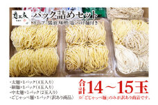 【パック詰めセット】太麺４玉入り×１パック、細麺４玉入り×１パック、中太麺２玉入り×１パック、訳ありの『ごじゃっぺ麺（様々な麺４～５玉入り）』×１パック ラーメンスープ４種付き!!(HS-1)