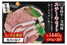【3ヶ月定期便】【常陸牛 A5ランク・美明豚ステーキセット】常陸牛サーロインステーキ200g＋美明豚ロースステーキ280g（140g×２枚）|冷凍 国産牛 和牛 牛肉 豚肉　ブランド豚 茨城県 水戸市 食べ比べ セット商品 国産 老舗精肉店(EK-18_1)