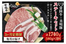【3ヶ月定期便【常陸牛 A5ランク・美明豚ステーキセット】常陸牛サーロインステーキ300g＋美明豚ロースステーキ280g（140g×２枚） 冷凍 国産牛 和牛 牛肉 豚肉　ブランド豚 茨城県 水戸市 食べ比べ セット商品 国産 老舗精肉店 (EK-19_1)