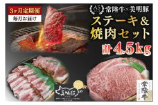 【3ヶ月定期便】【常陸牛 A5ランク・美明豚ステーキ焼肉セット】常陸牛サーロイン900ｇ（300ｇ×３枚）＋美明豚600ｇ（ロース300ｇ・ばら300ｇ）【冷凍 国産牛 和牛 牛肉 豚肉 ブランド豚 茨城県 水戸市 食べ比べ セット商品 国産 BBQ】（EK-36_1）