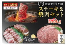【6ヶ月定期便】【常陸牛 A5ランク・美明豚ステーキ焼肉セット】常陸牛サーロイン600ｇ（300ｇ×２枚）＋美明豚400ｇ（ロース200ｇ・ばら200ｇ）【冷凍 国産牛 和牛 牛肉 豚肉 ブランド豚 茨城県 水戸市 食べ比べ セット商品 国産 BBQ】（EK-35_2）