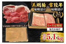 【6ヶ月定期便】【常陸牛 A5ランク・美明豚味噌漬けセット】常陸牛味噌漬け350ｇ＋美明豚500g(ロース200g・ヒレ300g) 冷凍 国産牛 和牛 牛肉 豚肉 ブランド豚 茨城県 水戸市 食べ比べ セット商品 国産 老舗精肉店（EK-67_2）