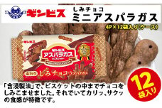 しみチョコミニアスパラガス 4P×12個入り（ケース） ｜ 菓子 お菓子 大容量 おかし おやつ おつまみ つまみ スナック スナック菓子 ギンビス アスパラ アスパラガス しみチョコ ご家庭用 手土産 ギフト 贈答 贈り物 プレゼント お中元 お歳暮 夏休み 冬休み 茨城県 古河市 送料無料 _DI17