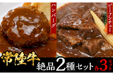 【 常陸牛 】絶品 2種セット （ ハンバーグ ・ ビーフシチュー 各3セット ）【 牛 牛肉 和牛 黒毛和牛 はんばーぐ 小分け デミグラスソース 】[SZR]