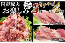 国産豚肉 お楽しみ3種セット 4kg （ 250g × 16パック / 小分け 真空包装 ）【 下妻工場直送 】【 豚肉 セット こま切れ ロース バラ 豚バラ 肉 豚こま切れ 切り落とし 小分け パック 便利 マルリン 】