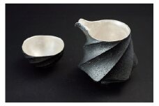 陶芸家 「沖 誠」作　炭化銀彩 片口・ぐい呑セット【笠間焼】