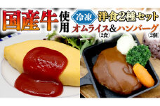 国産牛使用 こだわり 冷凍 洋食 2種セット オムライス 2食 ハンバーグ 2個 洋食 究極 本格 ビーフシチュー デミグラス しっとり ふわふわ オムライス チキンライス 老舗 洋食 レンジ可 手軽 時短 ケチャップ ソース付 レンチン レンジ