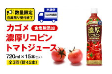 【 3ヶ月 連続 定期便 】 カゴメ 濃厚 リコピン 食塩無添加 トマトジュース 720ml × 15本 カゴメトマトジュース KAGOME トマト ジュース スマートPET 食塩 無添加 無塩 トマト100％ 頒布会 数量限定