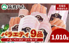 筑波ハム バラエティ 9品 ( ハム ベーコン ソーセージ ) 合計1010g 茨城県産 『 常陸の輝き 』 ブランド豚 銘柄豚 ( 茨城県共通返礼品 ) 詰合せ 詰め合わせ 肉 豚 ウィンナー 熟成