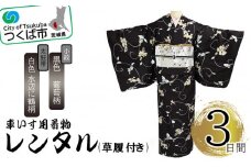 車いす用 着物レンタル 3日間 ＜小紋:黒色  葡萄柄  太鼓帯:白色 水辺に鶴柄(草履付き)＞【 キモノ 帯 セット レンタルサービス 車椅子 成人式 卒業式 七五三 婚礼 】
