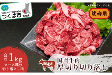 国産 牛肉厚切り落し 1kg（ 焼肉用 ） 村下商事【 牛肉 牛 焼き肉用 焼肉 BBQ バーベキュー 冷凍 厚切り 貴重 茨城県 つくば市 】