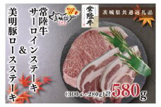 KCK-19【茨城県共通返礼品】【常陸牛A5ランク・美明豚ステーキセット】常陸牛サーロインステーキ300g＋美明豚ロースステーキ280g（140g×２枚）