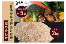 ＜玄米 2kg＞『身体が喜ぶ野菜とお米』詰め合わせ おまかせセット 茨城県産 コシヒカリ 米 お米 ご飯 ごはん 栽培期間中農薬不使用 季節の野菜 セット 微生物農法 EM農法 有機栽培 産地直送 新鮮 家庭用 潮来はぐくみのもり 茨城県 潮来市 (A03-005)