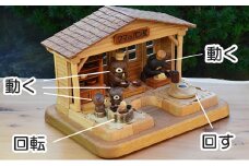 動くクマのパン屋（5ユニット構成）　熊（くま）の木製おもちゃ　木製玩具　パン屋　自動人形　かわいい　楽しい　ドールハウス　木のトレー　歯車　不思議な木製歯車　精密木工　オートマタ　精巧　組立て
