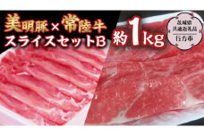 美明豚×常陸牛スライス約1kgセットB 【茨城県共通返礼品/行方市】 ブランド豚 しゃぶしゃぶ SPF 豚肉 モモ [DS004sa]