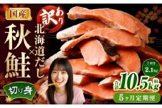 【5ヶ月定期便】 ［訳あり］ 国産秋鮭 北海道だし切り身 約2.1kg×5回 計約10.5kg ／ 鮭 しゃけ シャケ 秋鮭 天然秋鮭 切身 切り身 鮭節 かじか 昆布 しいたけ ブレンド 出汁 だし 出汁入り鮭 冷凍