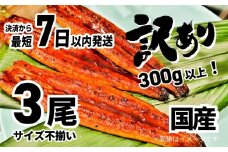  <7日以内発送>【訳あり】さかい河岸水産 国産 うなぎ 3尾 300g以上！ ※サイズ不揃い 人気 鰻 うなぎ蒲焼 K1804