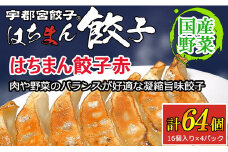 宇都宮餃子 はちまん餃子 赤 肉汁餃子 64個（16個入り×4パック/1個22g） ｜ 宇都宮餃子 国産野菜 グルメ 宇都宮市 肉餃子 餃子 ぎょうざ ギョーザ 野菜 冷凍食品 冷凍餃子 焼き餃子 水餃子