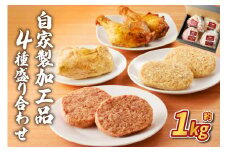 自家製加工品4種盛り合わせ(約1kg)  ns004-018 【ハンバーグ 和牛 ローストチキン タレ サラダチキン 青しそ 夕飯 ディナー グルメ】