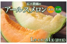 〈先行予約受付〉石下農園のアールスメロン〈赤肉・青肉〉 Lサイズ 各1玉（計2玉） ｜ 果物 フルーツ メロン 国産 アールスメロン ギフト 贈答 赤肉 青肉
※着日指定不可
※離島への配送不可
※2025年9月下旬～11月上旬頃に順次発送予定