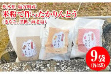 米粉で作ったかりんとう 9袋（きなこ、黒糖、海老塩各3袋）｜菓子 おやつ デザート スイーツ 家庭用 グルテンフリー 小麦粉不使用 こしひかり 米 こめ 名水百選 産地直送 期間限定 栃木県 塩谷町 ※2025年12月上旬～2026年5月下旬頃に順次発送予定