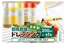 自家製・群馬産野菜で手作りドレッシング（山わさび、にんじん、ゆず、中華、玉ねぎ）200ml×各1本 泙川食品