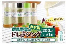 自家製・群馬産野菜で手作りドレッシング（山わさび、くるみ、青じそ、フレンチ、えごま）200ml×各1本 泙川食品