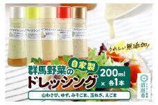 自家製・群馬産野菜で手作りドレッシング（山わさび、ゆず、みそごま、玉ねぎ、えごま）200ml×各1本 泙川食品